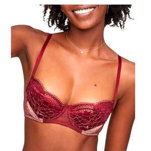 Adore Me Farina Unlined Balconette Bra Red Floral Lace Sexy Size 40D EUC